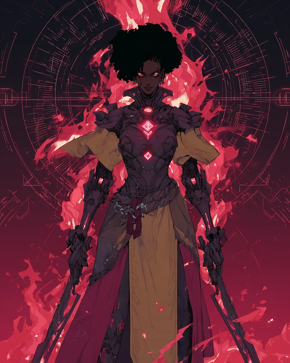 Visual record of the Ember Guard — a warden standing within a ring of flame