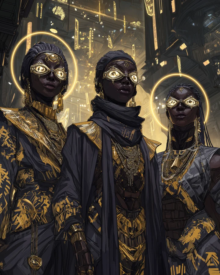 Emblem image of the Eyes of Trust — three watchers with luminous eyes beneath brass halos