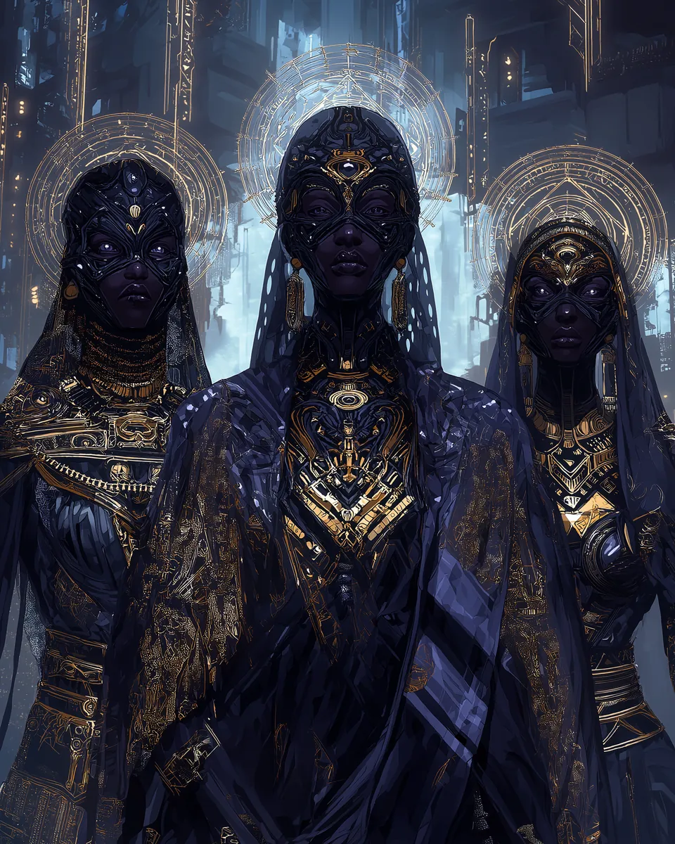 Visual record of the Eyes of Trust — veiled witnesses beneath halo discs in indigo and gold