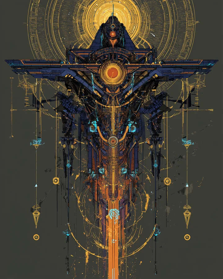 Sigil of the Tachyon Forge Consortium — a vertical forge totem in gold, indigo, and molten orange