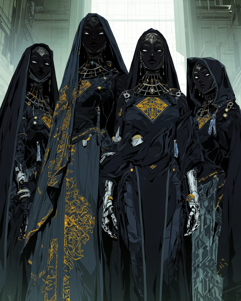 Visual record of the Veiled Hand — veiled tribunal figures robed in black and gold