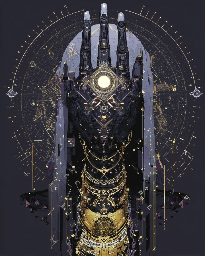 Sigil of the Veiled Hand of the Outer Tribunal — an upraised armored hand within a radial judgment diagram
