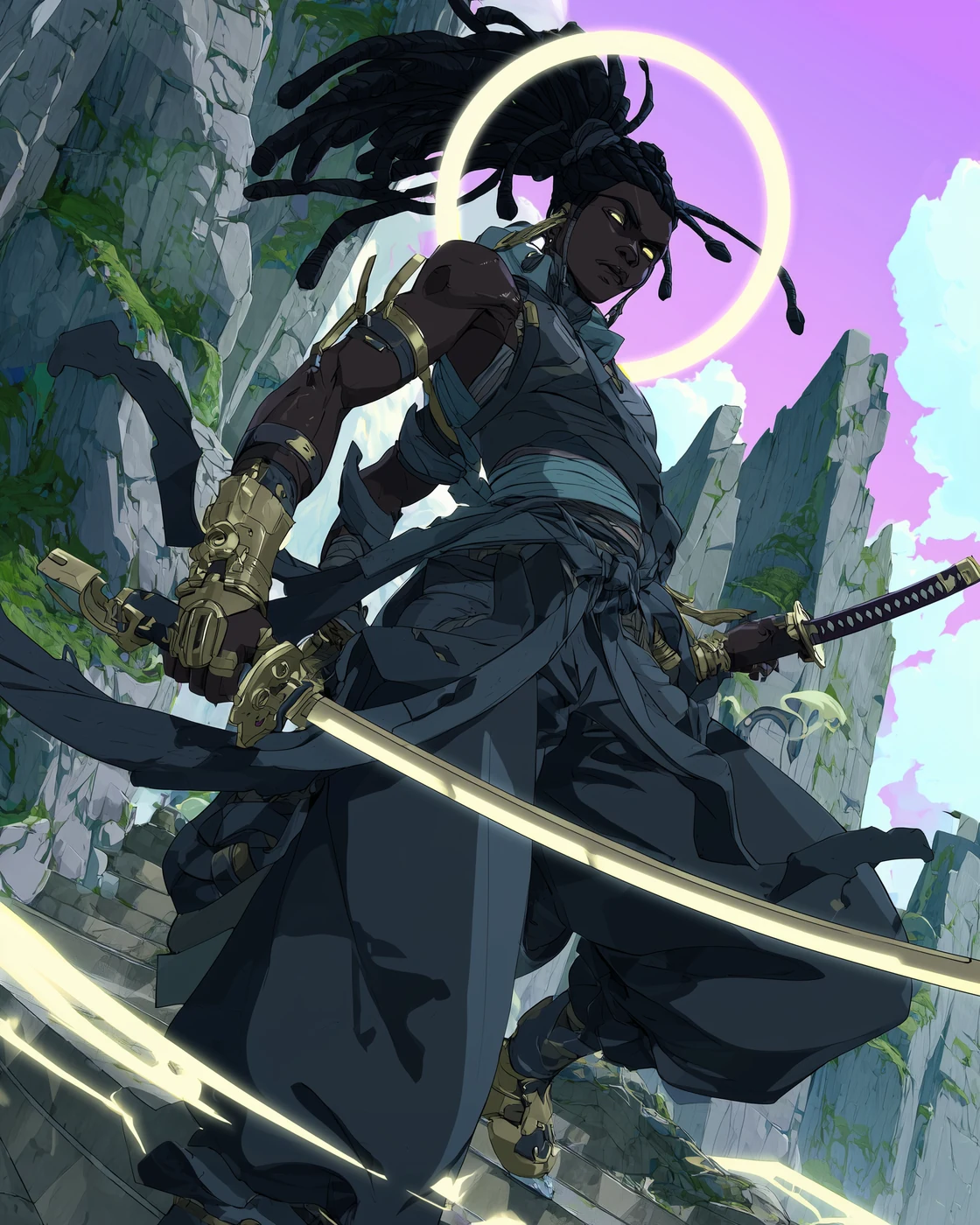 Visual record of a Ronin Monk warrior with braided locs, wielding twin glowing blades on a mountain switchback, a halo-ring blazing behind their head