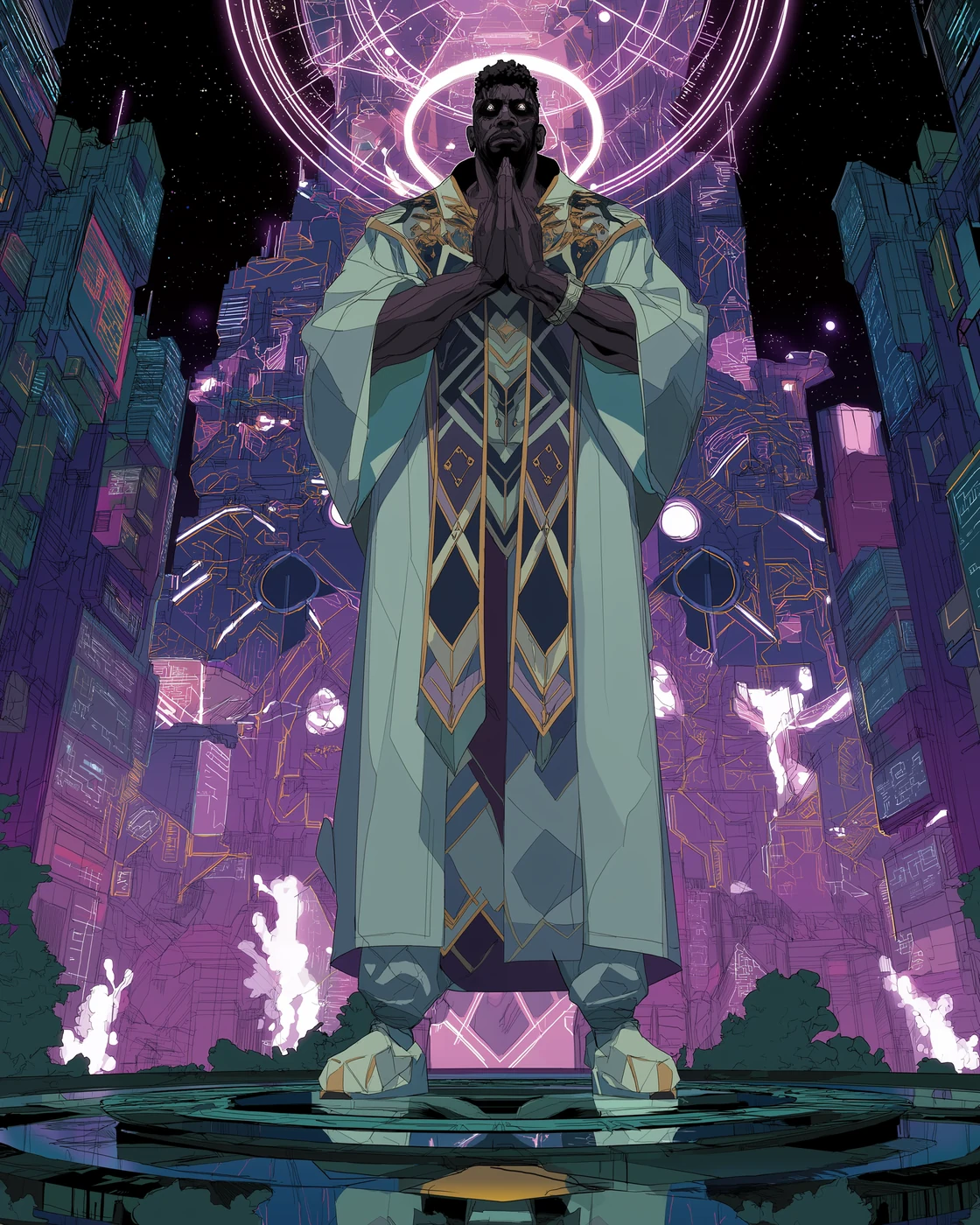 Visual record of a Sky Khan Ascendant in ceremonial robes, hands pressed together in contemplation, a halo of orbital diagrams overhead, standing above a vast city