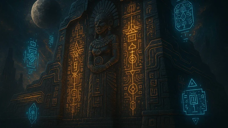 An ancient carved temple facade with a statue and glowing doctrine glyphs beneath a distant moon