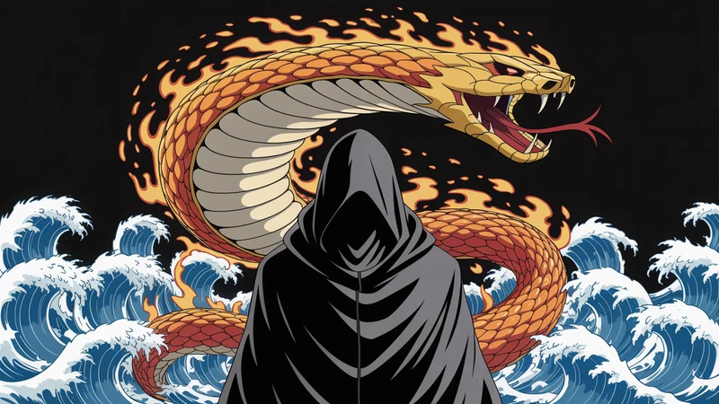 A hooded warrior facing a massive flame-wreathed serpent rising from stylized ocean waves