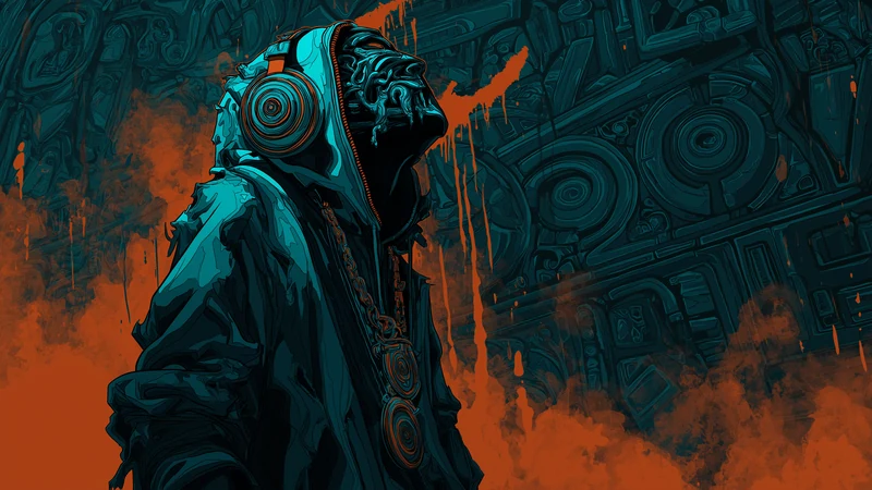 A hooded figure wearing large circular headphones before a wall etched with vinyl-groove patterns