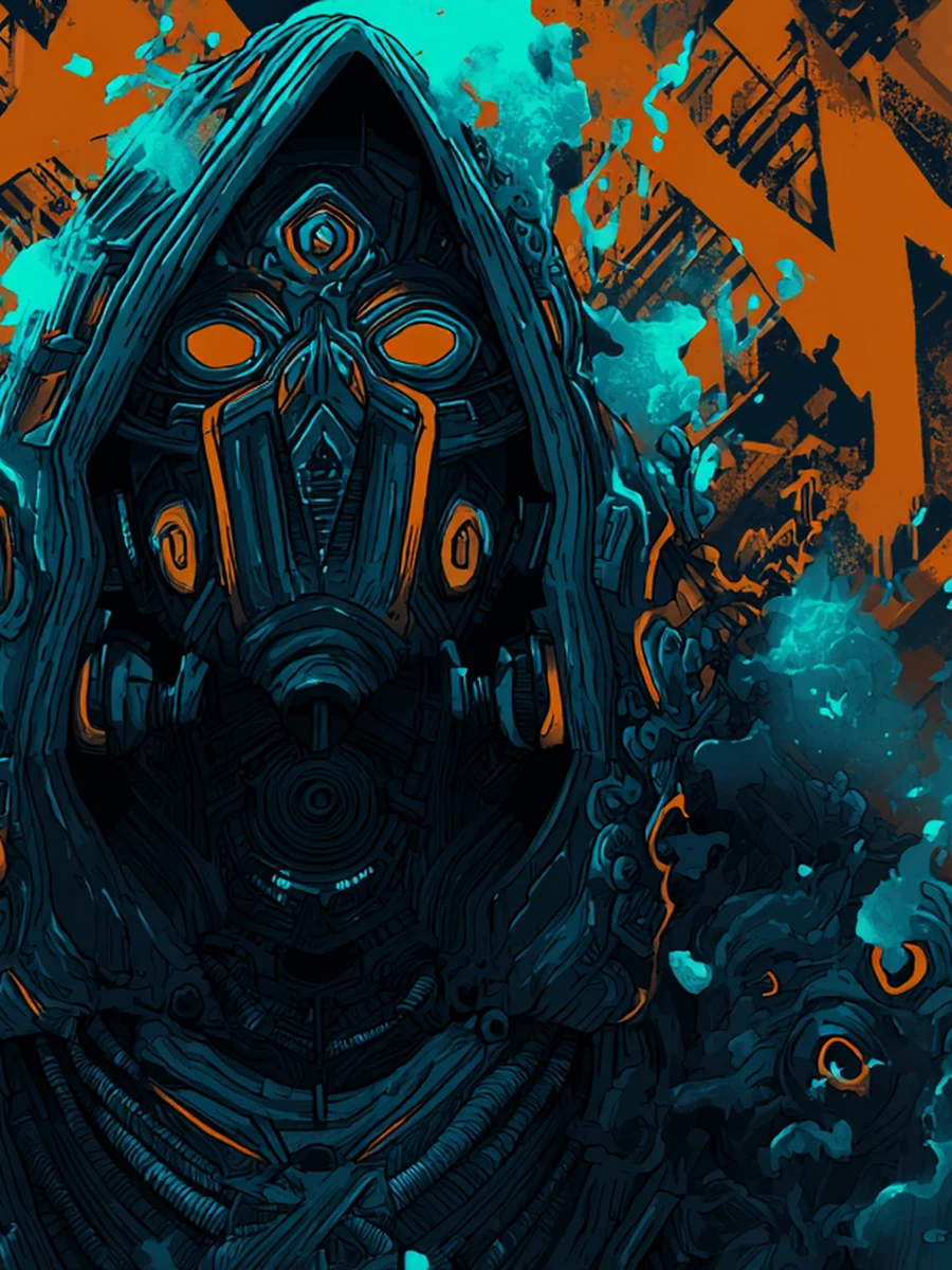 A masked, hooded archivist wreathed in orange and teal smoke before a wall of circular signal patterns