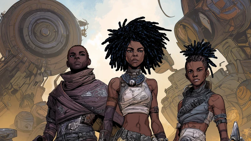 Three Black wasteland warriors bearing salvaged weapons before wreckage on a sunlit desert ridge